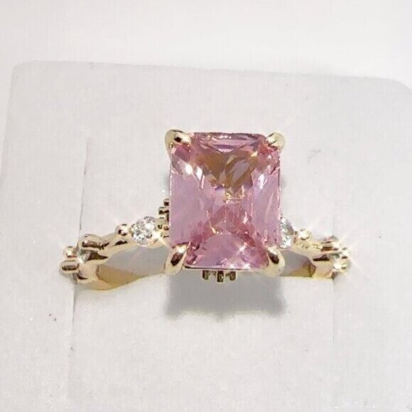 Princess Cut Pink CZ Ring – Gold Plated  Micro Inlay, Sizes 9 - Picture 3 of 11